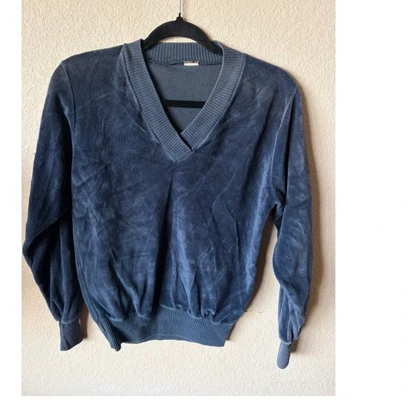 Vintage Velour V-Neck Pullover Sweater Blue Ribbed Trim Blouson XS Top Womens - Picture 2 of 7